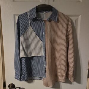 SHEIN Blue and Tan Striped Blouse